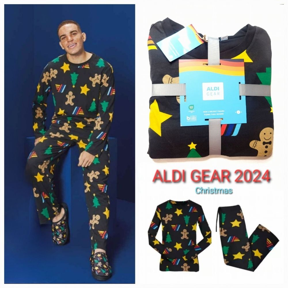 ALDI GEAR CHRISTMAS 2024 Men's 2pc Cotton Blend Gingerbread Man Pajama Set Black